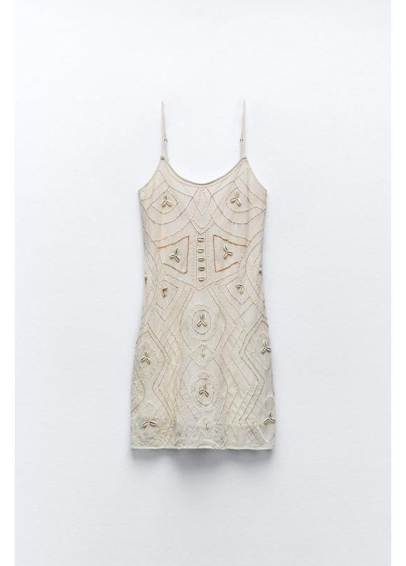 Бежевое короткое платье с вышивкой Zara