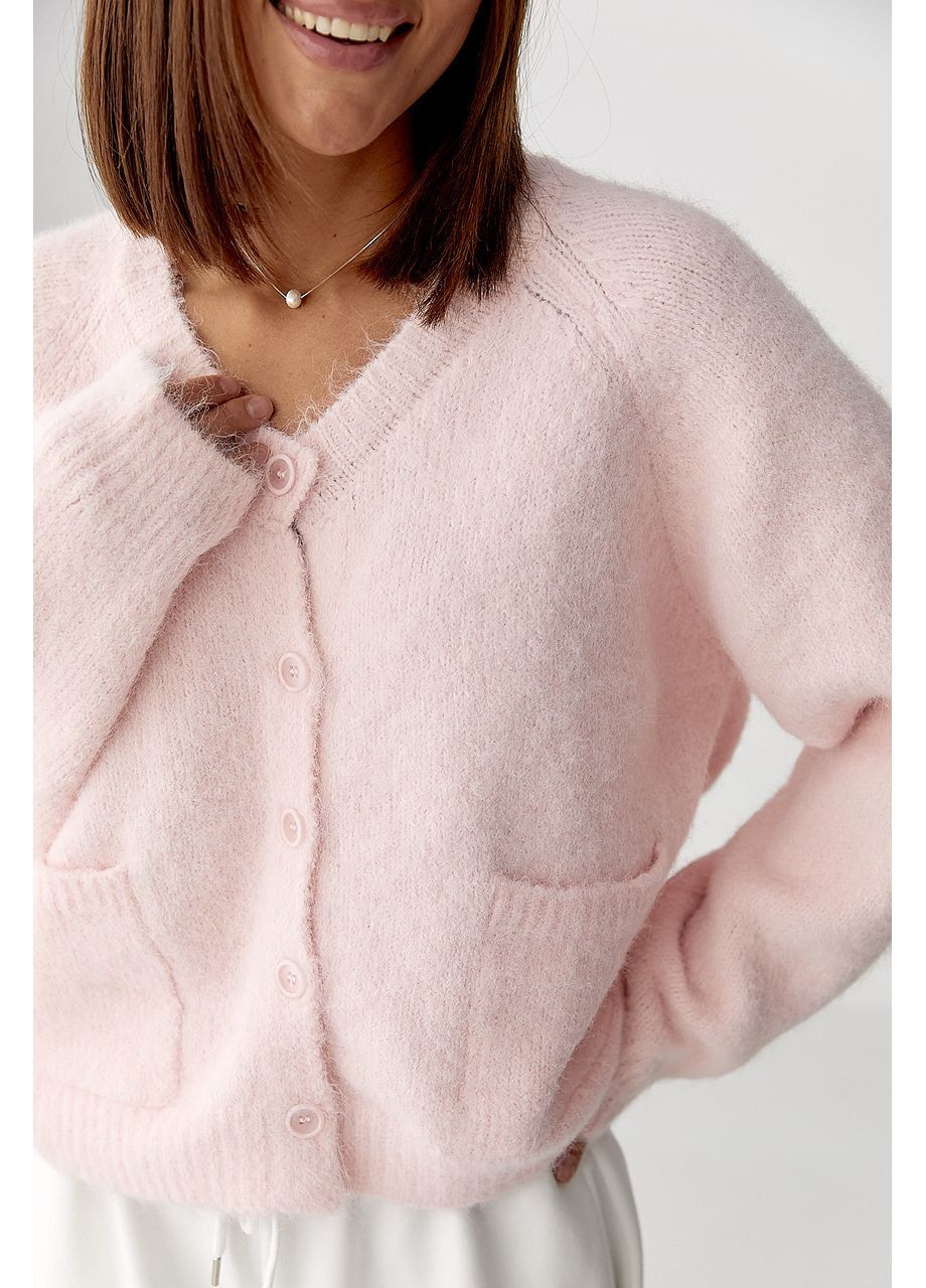 В'язаний теплий кардиган з кишенями - пудра колір Lurex (364967724)