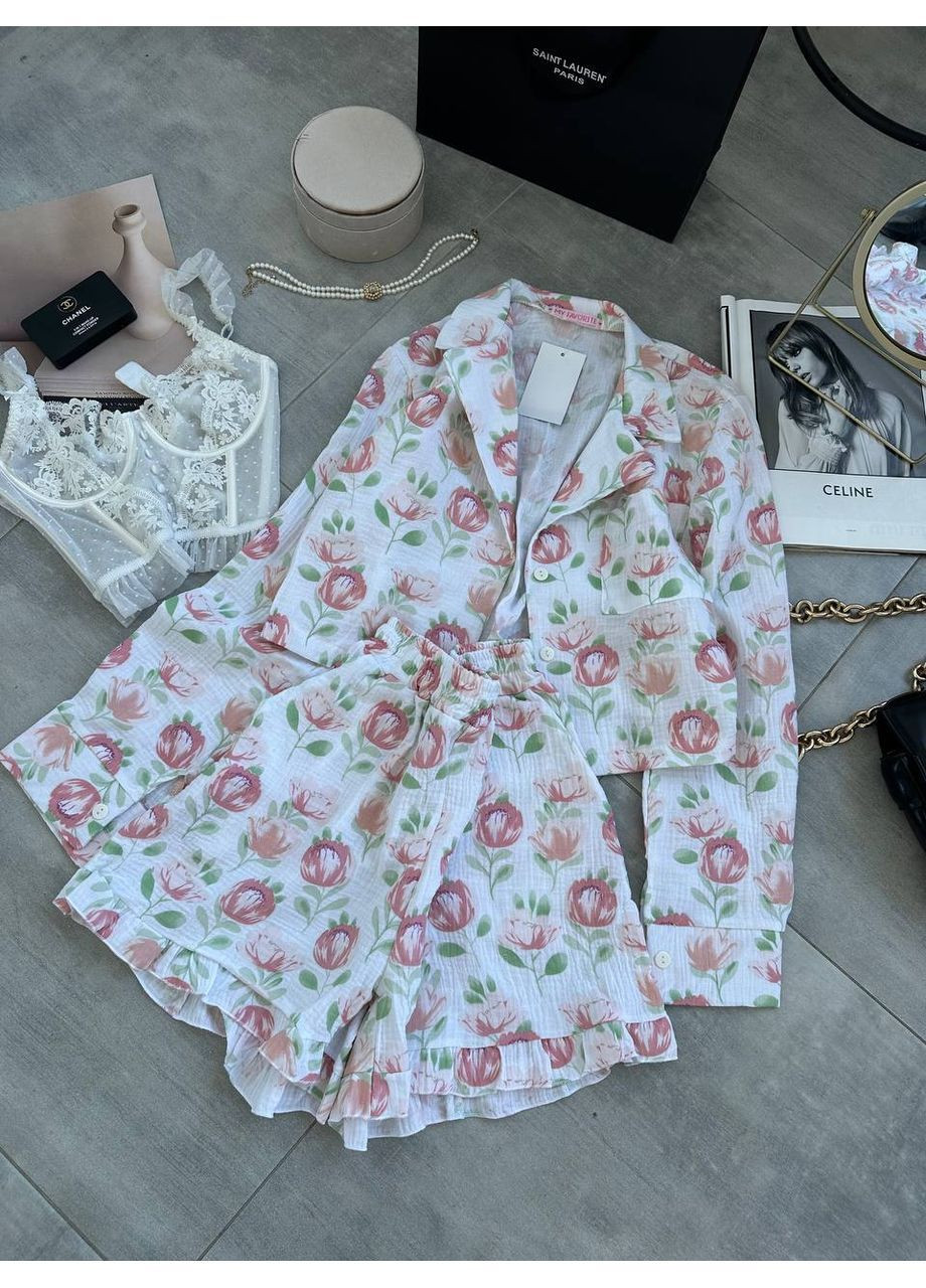 Белая всесезон пижама женская муслиновая рубашка + шорты Style Point