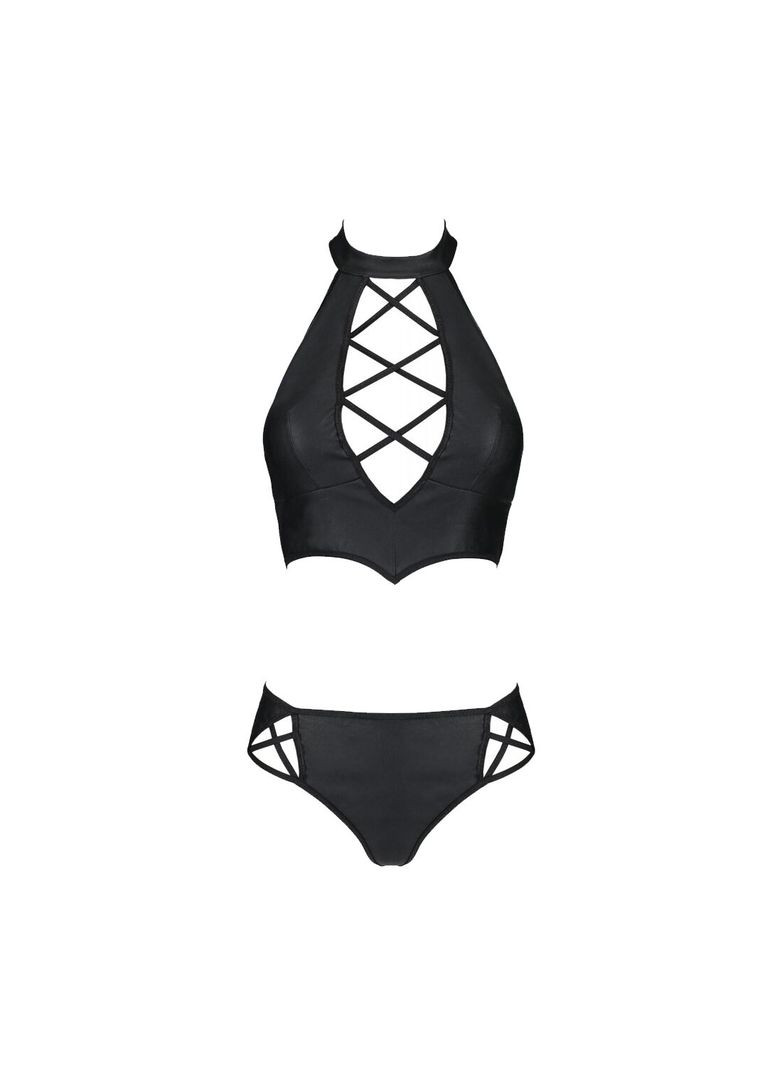 Черный демисезонный комплект из эко-кожи nancy bikini black, бра и трусики с имитацией шнуровки - cherrylove Passion