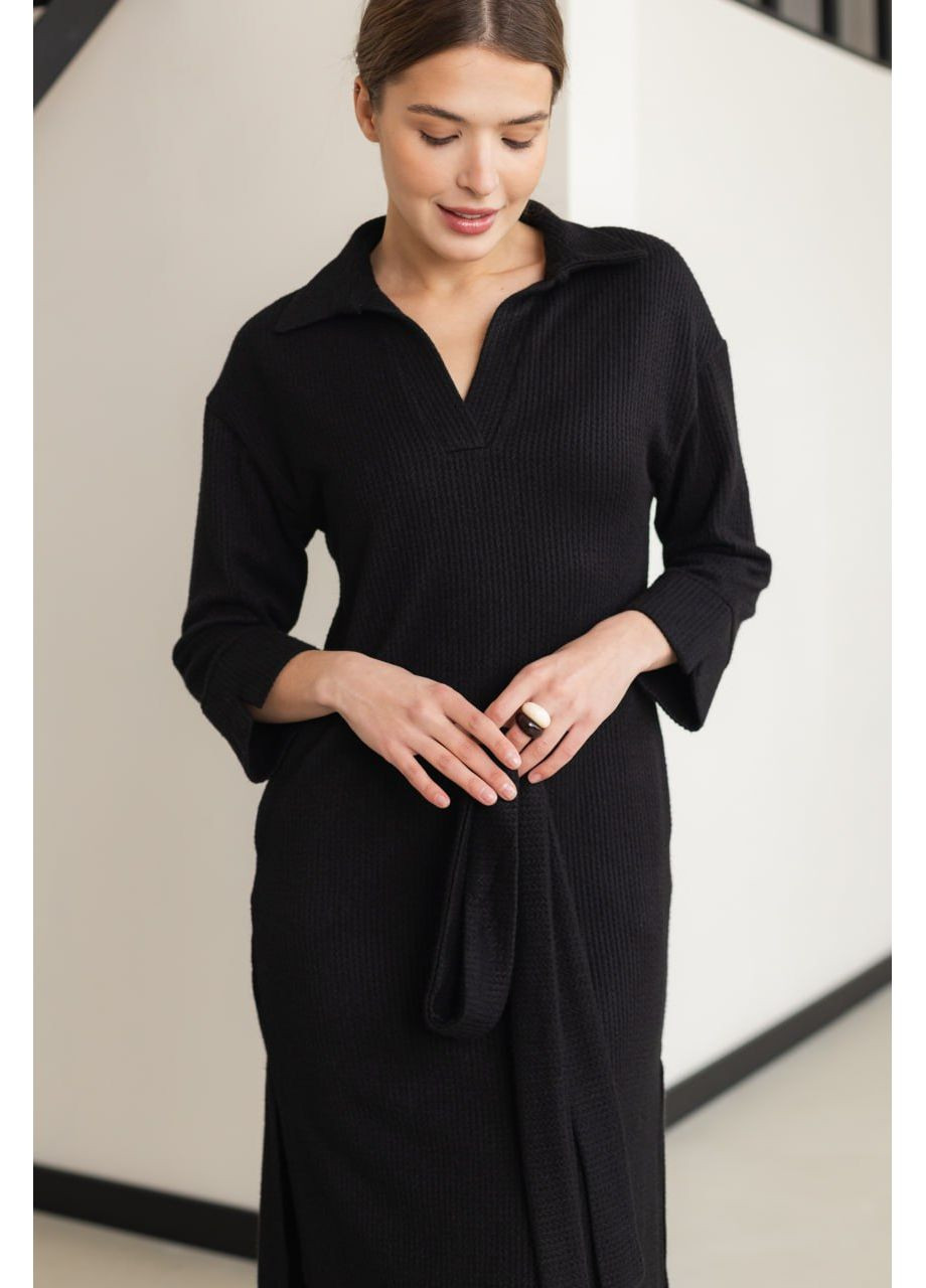 Черное теплое трикотажное платье черного цвета No Brand