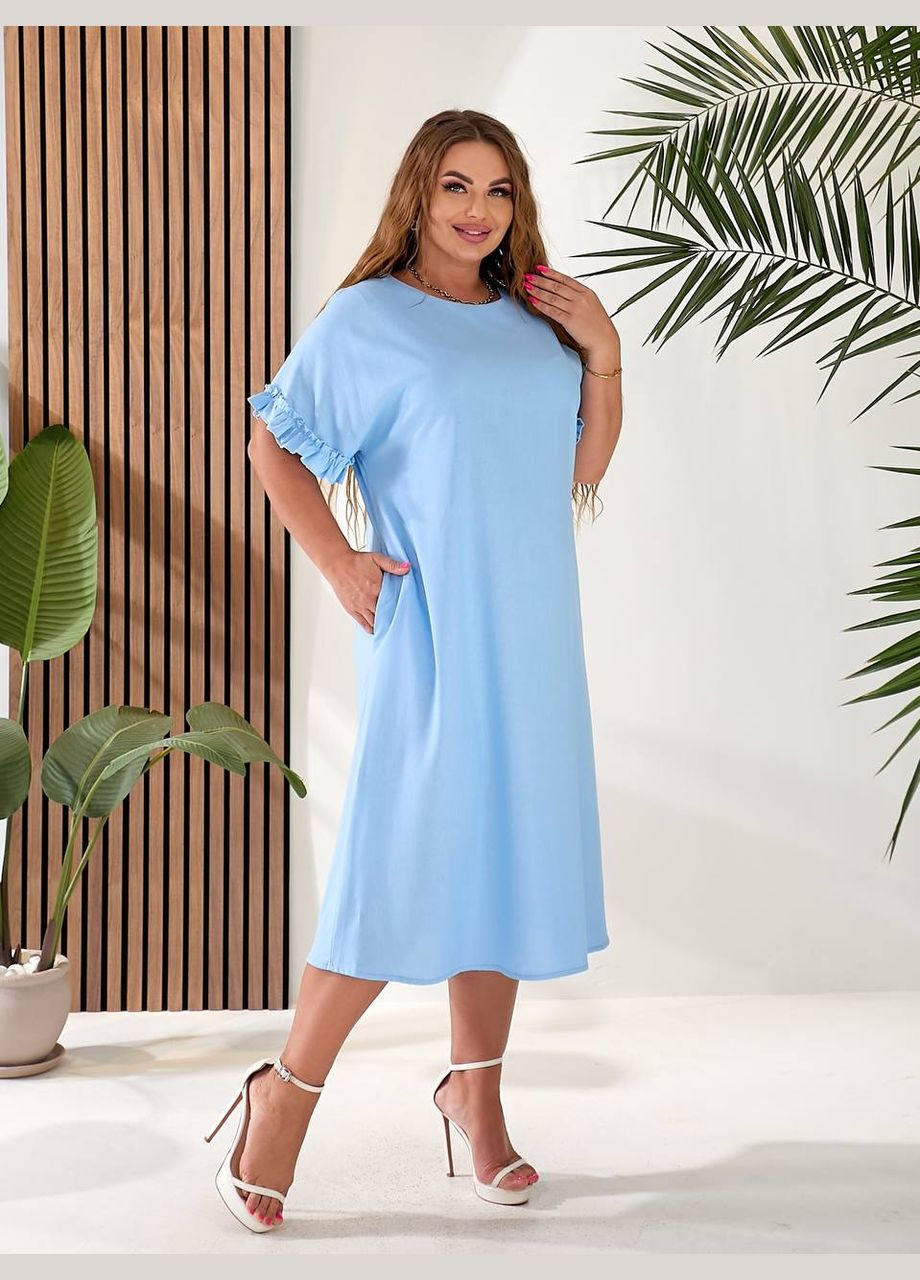 Голубое повседневный, праздничный, коктейльное, вечернее женское платье меди из льна. Avanti однотонное