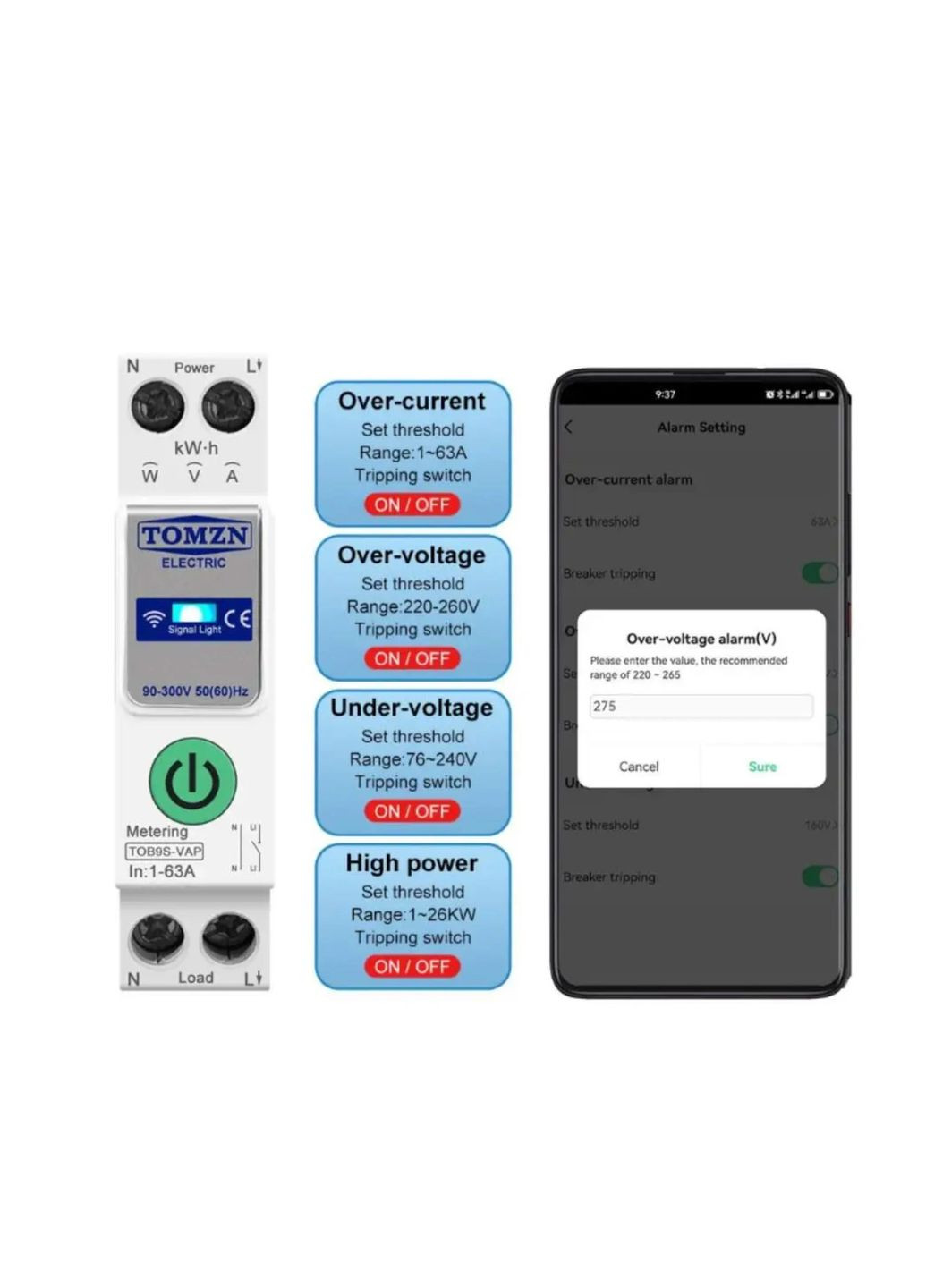 Wi-Fi автоматический выключатель, защитное реле TOB9S-VAP 1P 1-63А DIN с мониторингом напряжения тока Tomzn (341324870)