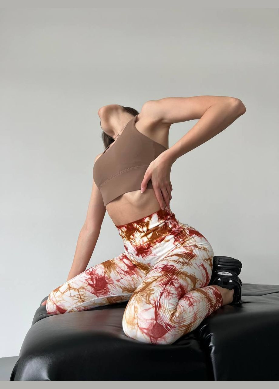 Комбинированные демисезонные леггинсы с мраморным принтом, белые с красным и коричневым, размер l Trends