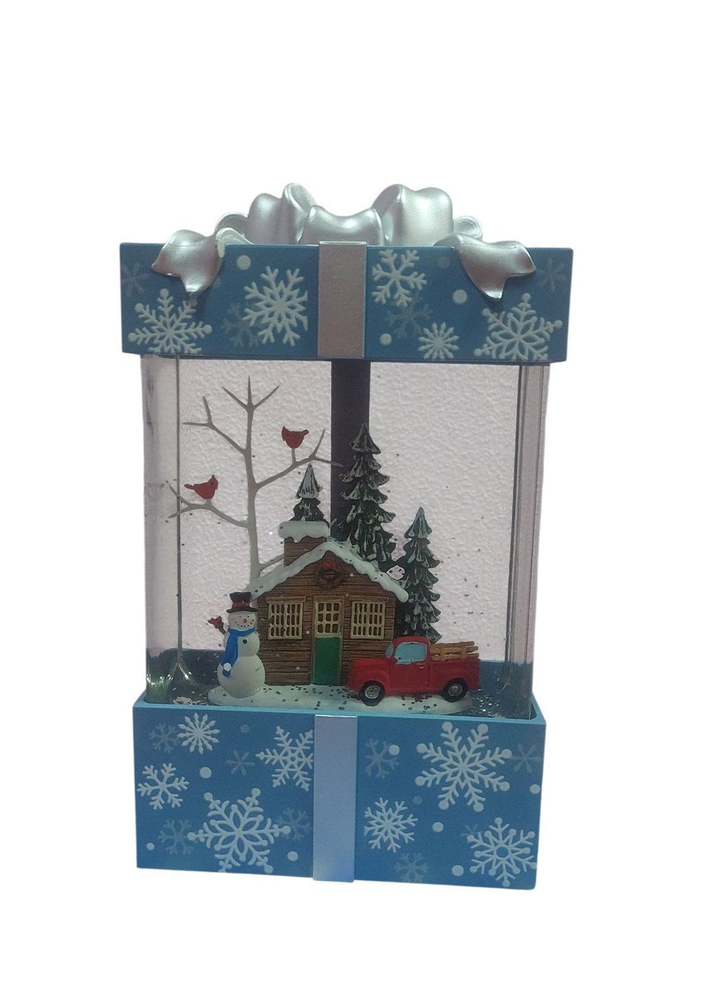Новорічний декоративний музичний ліхтар світильник з Бантом Сніговик WDL-22018 зі снігом на батарейках та USB Блакитний No Brand (367261933)