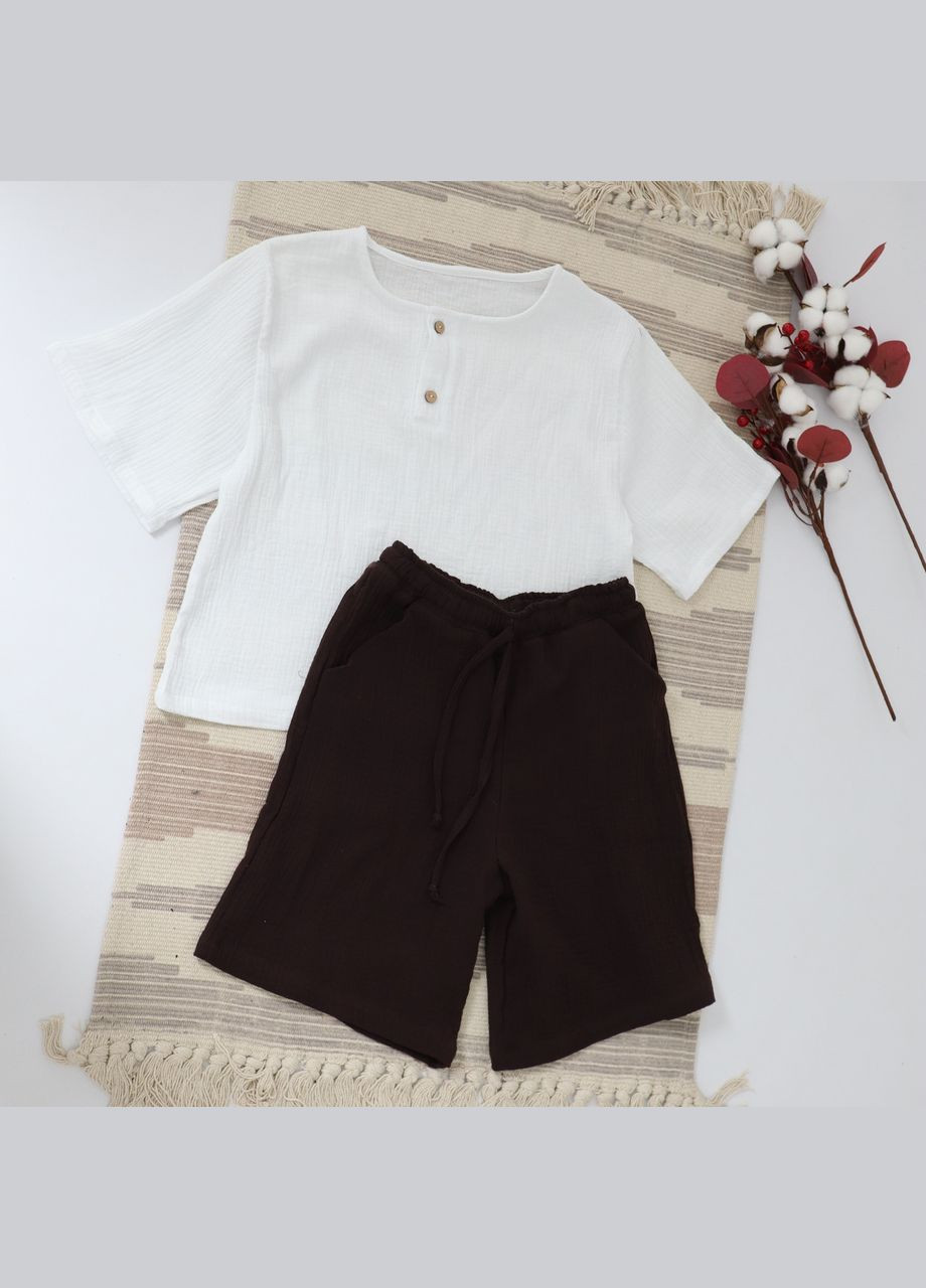 Коричневий літній дитячий мусліновий шоколадний комплект унісекс шорти+футболка mrou з шортами No Brand