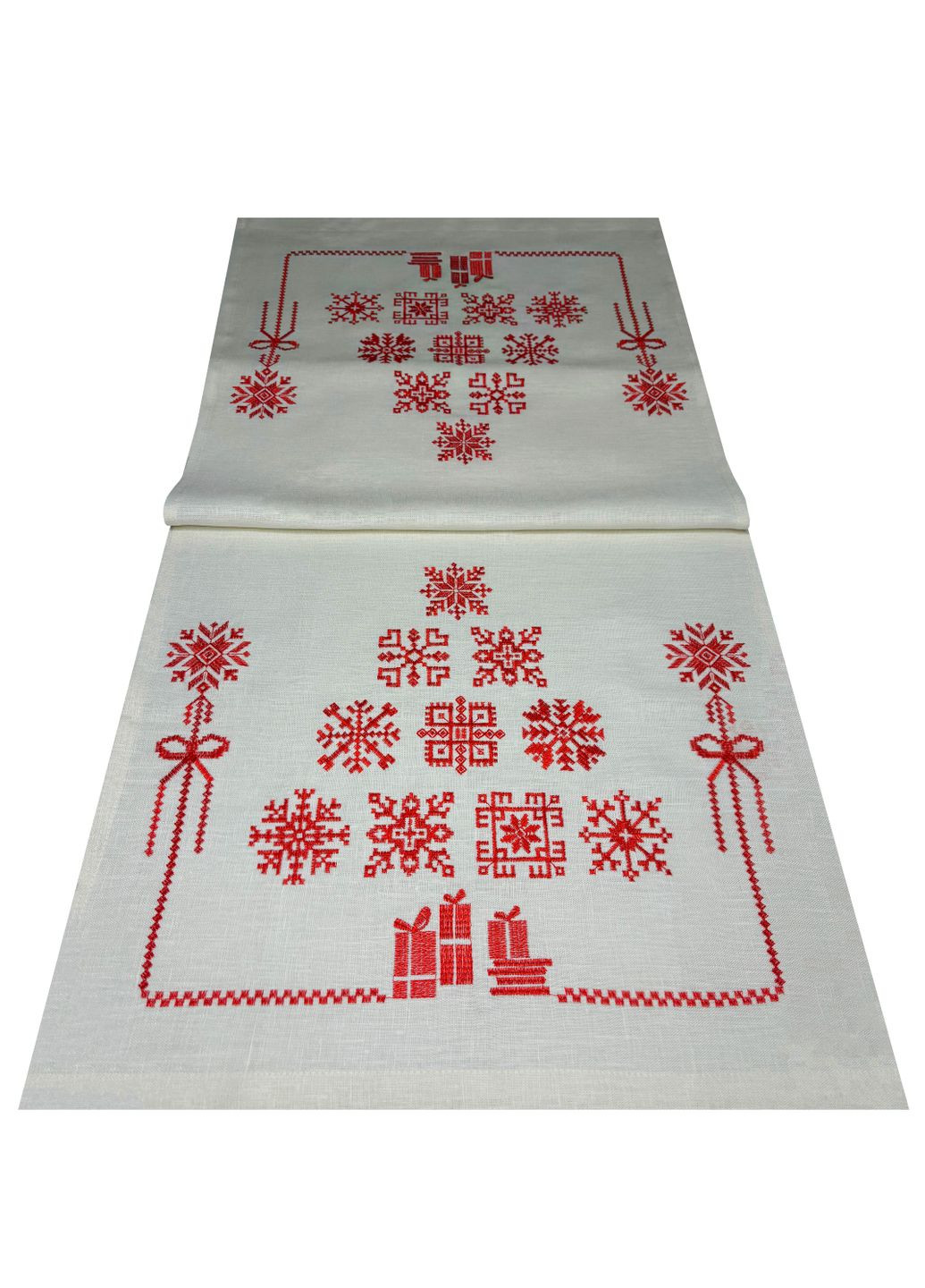 Новорічний ранер з льону з вишитими сніжинками та подарунками Крижинка., р., код 12-10/262/1403 ГАЛЕРЕЯ ЛЬОНУ (365250620)