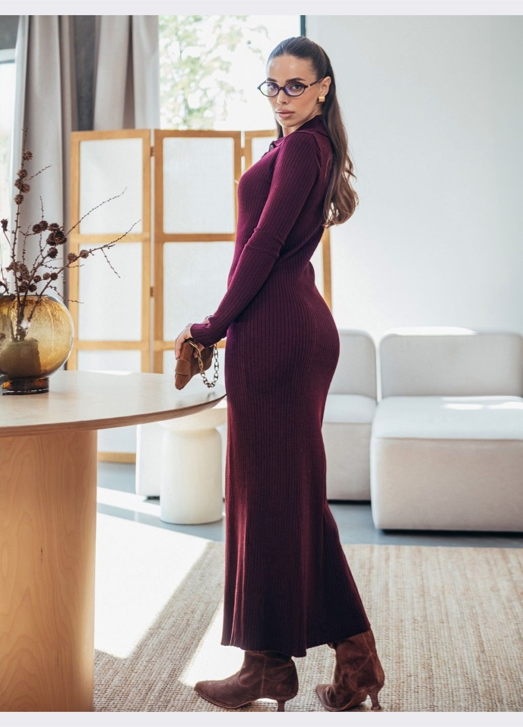 Бордова кежуал сукня дрібної в'язки бордового кольору з коміром Dressa однотонна