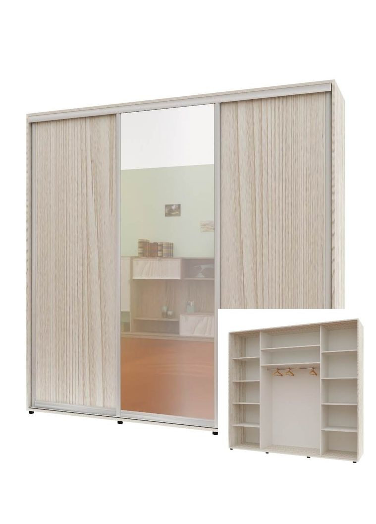 Шафа-купе тридверна 220*60*240 см Дуб Білений ДСП + Дзеркало + ДСП Максі Комфорт Меблі (360429699)