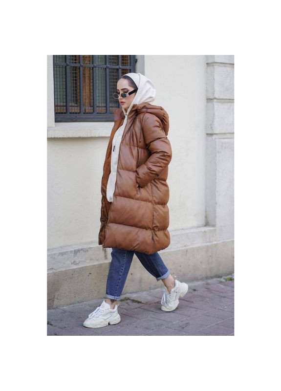 Коричнева зимня куртка жіноча еко шкіра пуховик (коричнева), розмір одягу s-m, колір коричневий KRK KARAKAS