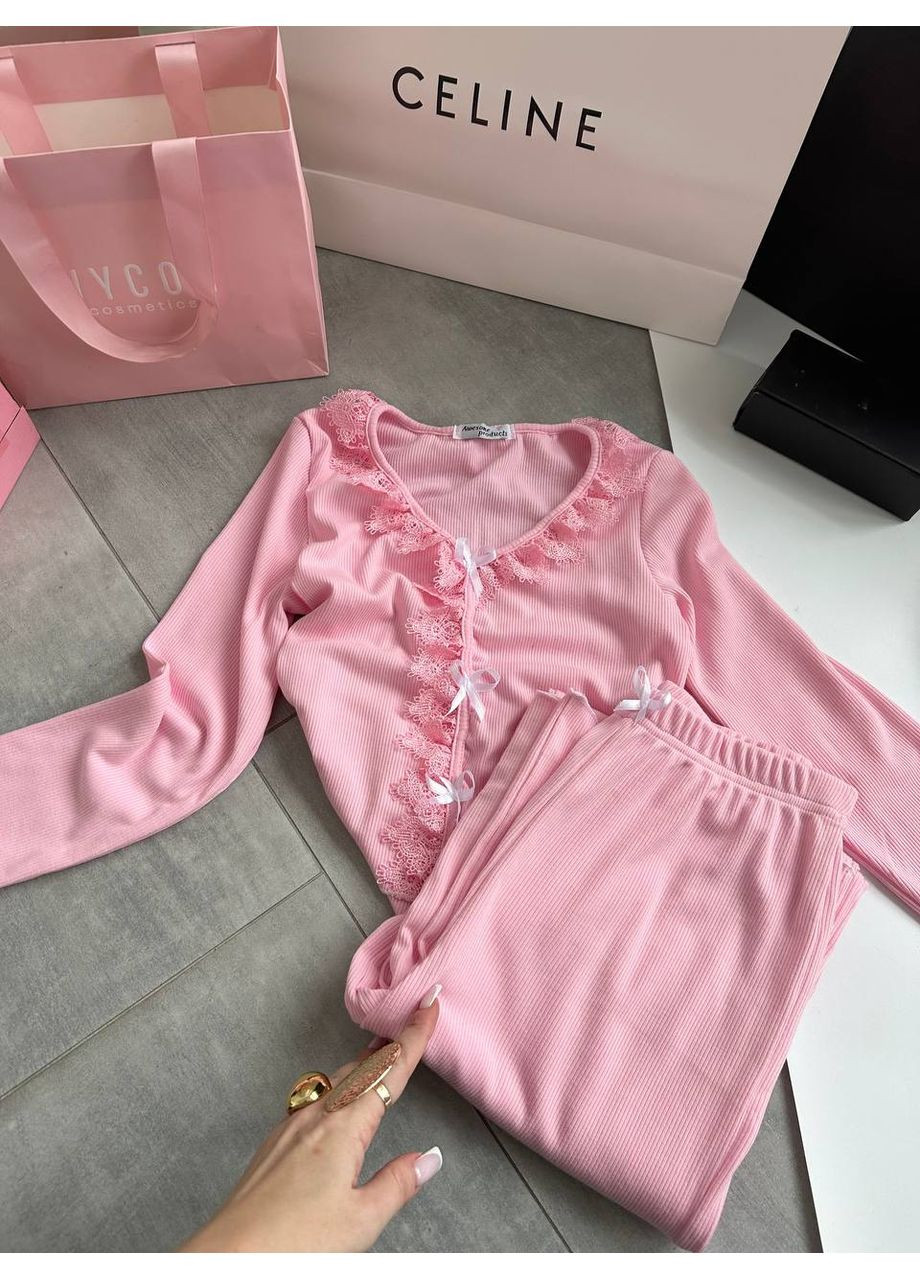 Розовая всесезон женская пижама с нежными акцентами кофта + брюки Україна