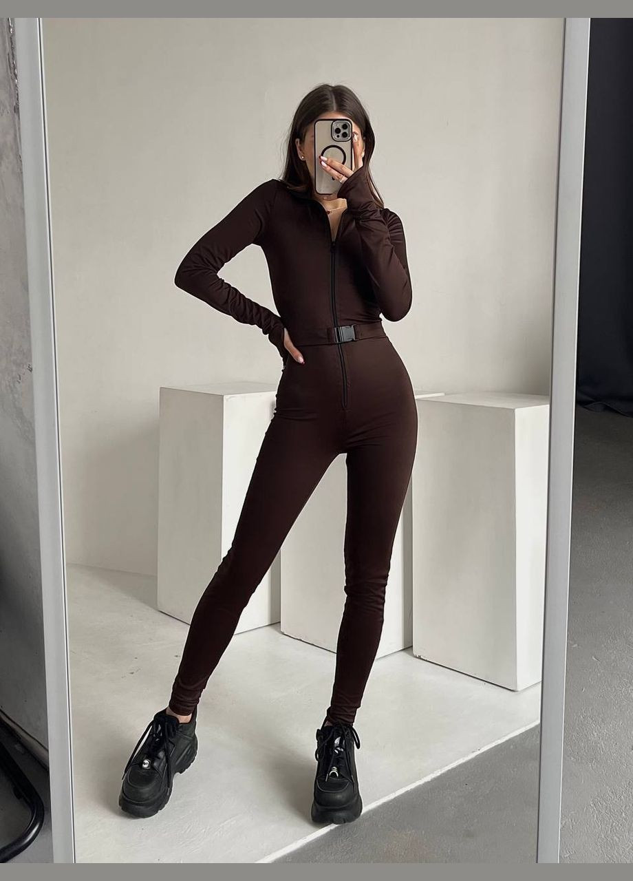 Комбинезон с поясом br2363 Vital-Textile комбинезон-брюки однотонный коричневый спортивный, деловой, домашний, повседневный, откровенный неопрен, полиэстер, эластан