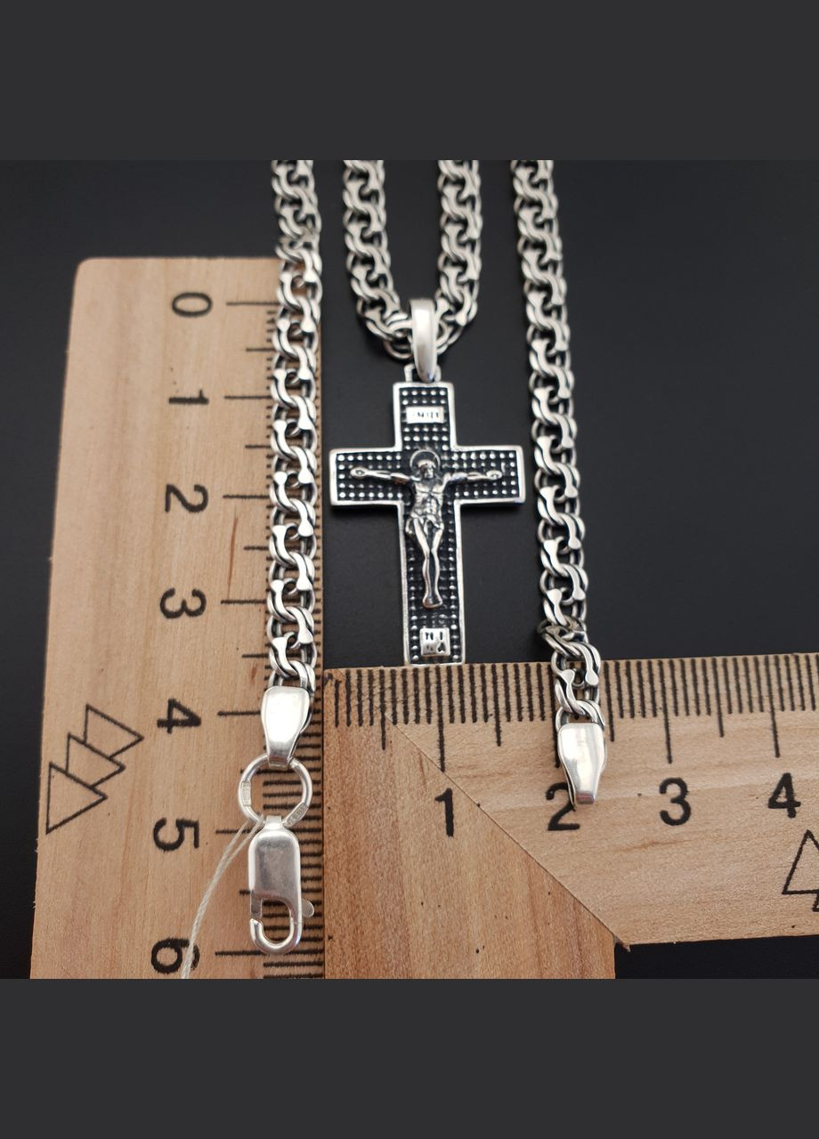 Серебряная цепочка с крестиком мужская. Освященный кулон крестик и цепь на шею бисмарк серебро 925. Длин 55 см ZLATO (278643677)