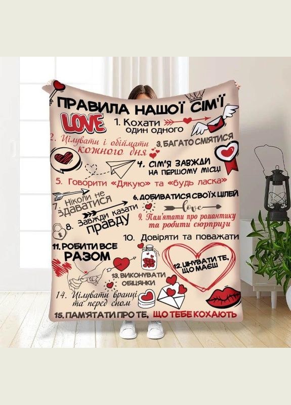 Плед покривало Полуторний Правила нашої сімї 3 160х200 Різнобарвний Плюш-велюр No Brand (317247387)