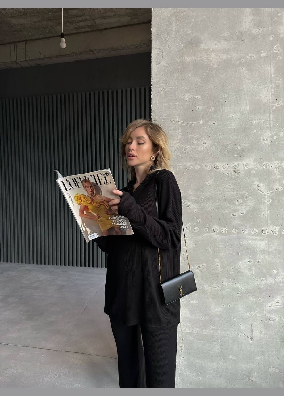 Ніжний чорний костюм двійка з рубчика з блискавкою на грудях (кофта+прямі штани), приємний до тіла комфортний костюмчик No Brand 486-2 (303606559)