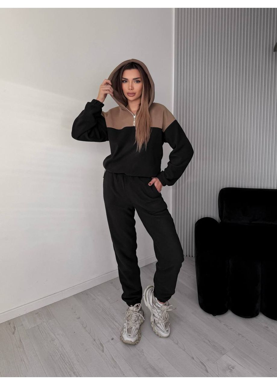 Жіночий костюм флісовий з капюшоном кавового кольору 36218 Fashion (370881866)