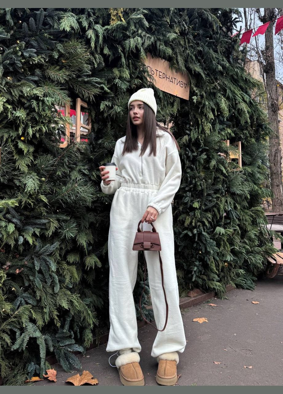 Женский комбинезон No Brand однотонный молочный спортивный, повседневный, кэжуал, денил флис