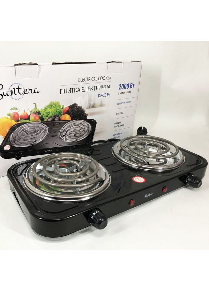 Плита електрична DP-1915 2 кВт, електроплита 2 конфорки, двокомфорочна плита. Колір: чорний Suntera (364665068)