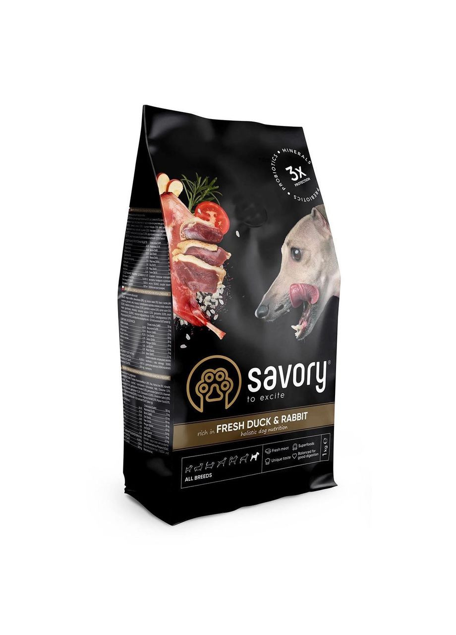 Сухой корм Fresh Duck & Rabbit для собак всех пород со свежим мясом утки и кроликом 1 кг (30167) Savory (279564399)