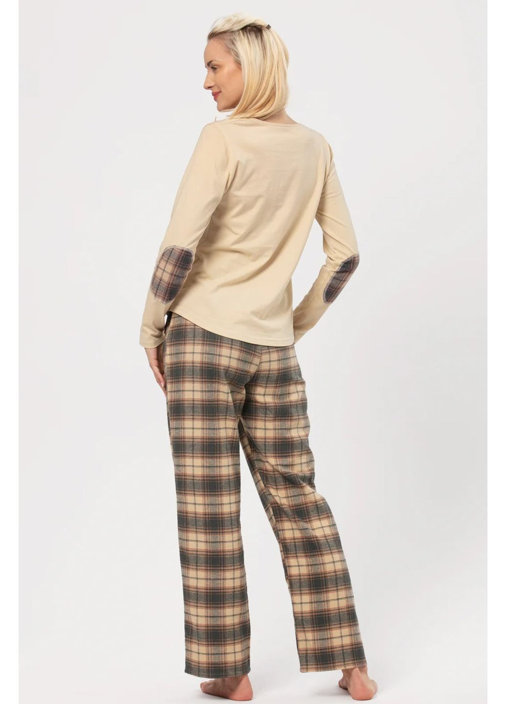 Бежевая зимняя женская пижама с фланелевыми штанами lns 403 лонгслив + брюки Key