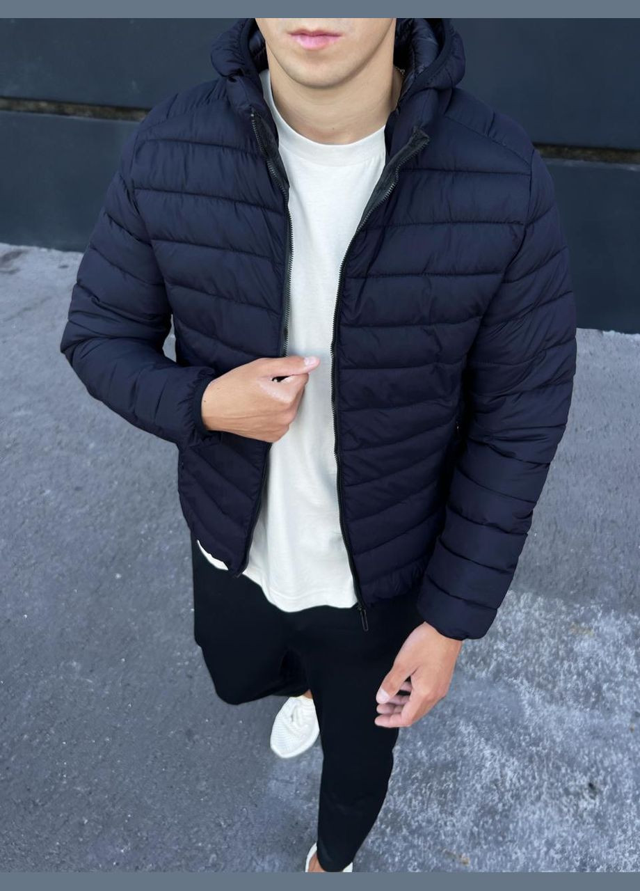 Темно-синя демісезонна шикарна весняна куртка з капюшоном Stylish Touch