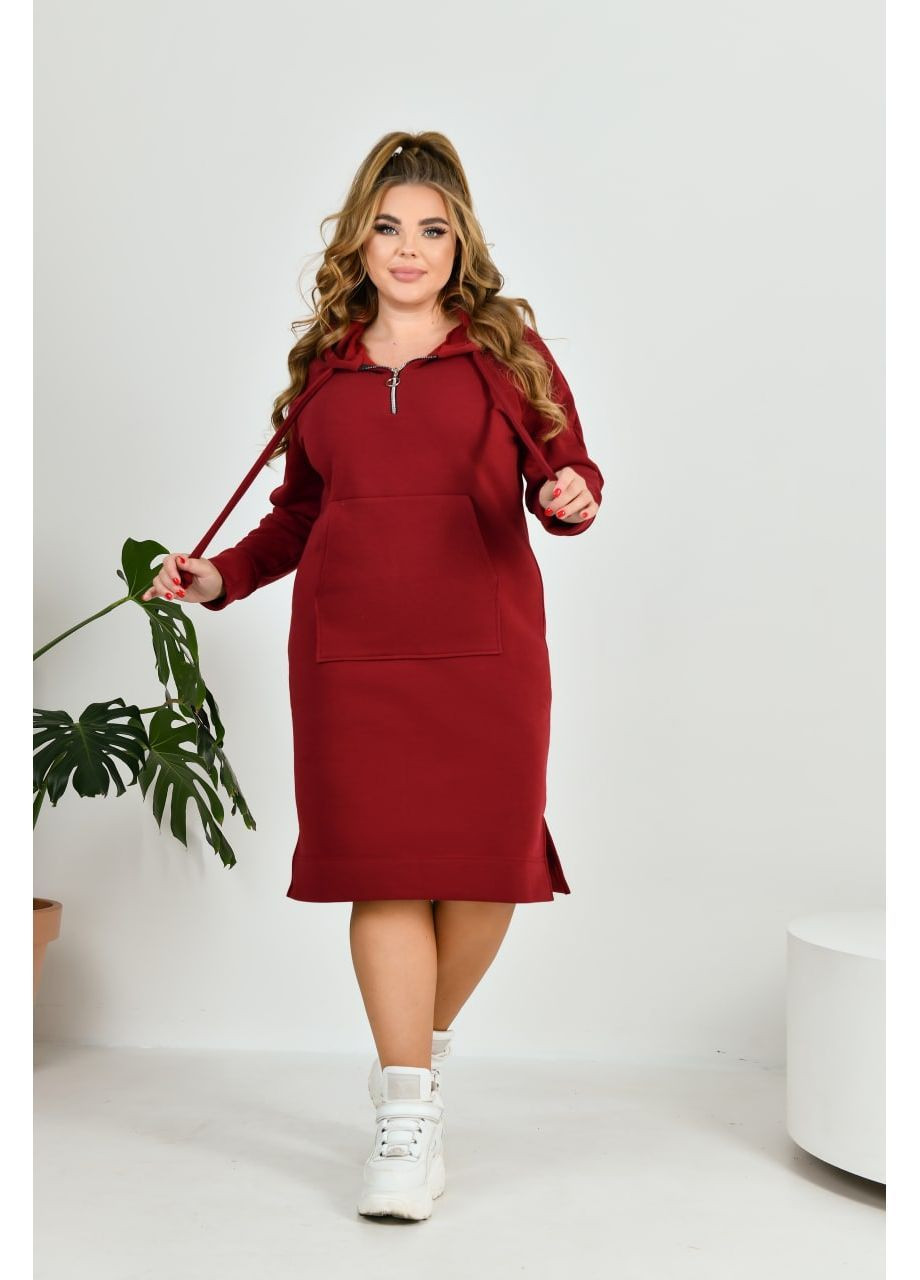 Бордовое повседневный, кэжуал женское теплое платье в спортивном стиле из мягкого трикотажа No Brand однотонное
