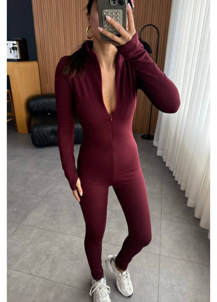 Жіночий комбінезон на флісі No Brand комбінезон-брюки однотонний бордовий спортивний, повсякденний, домашній, кежуал трикотаж, фліс