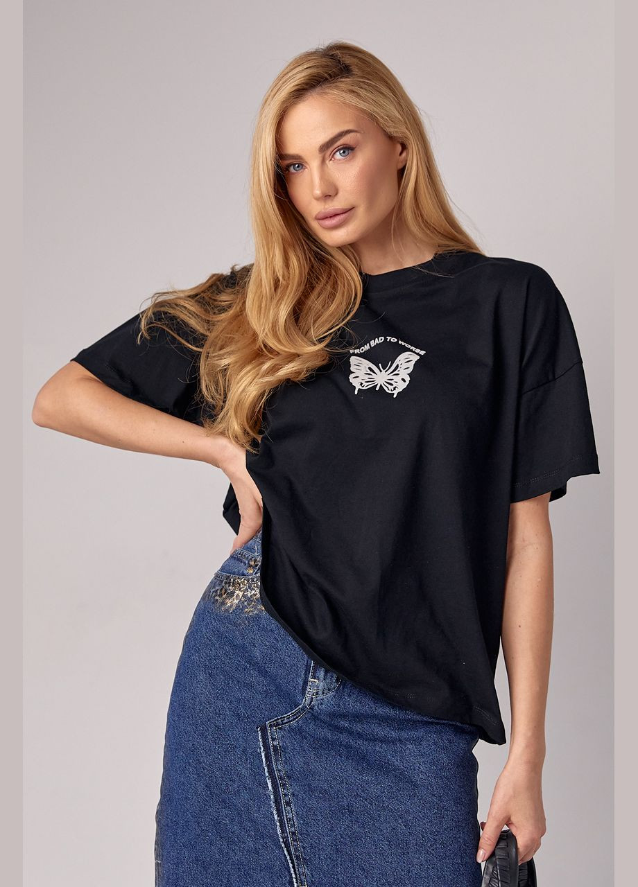 Черная летняя женская футболка oversize с принтом бабочки Lurex