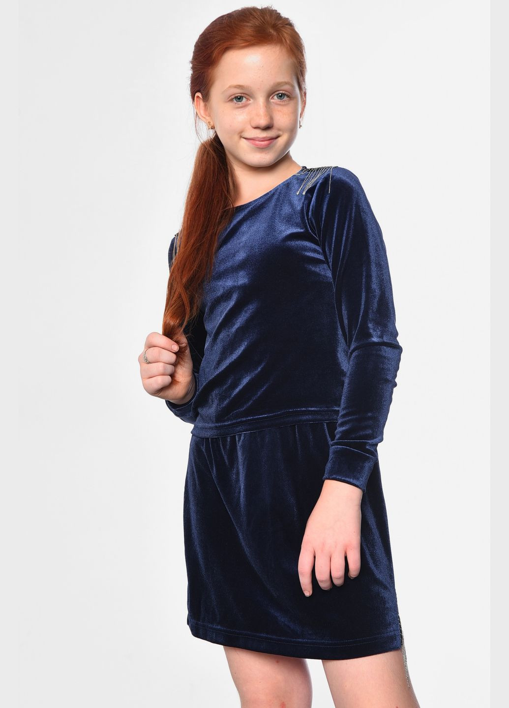 Темно-синий демисезонный костюм детский велюровый для девочки темно-синего цвета юбочный Let's Shop