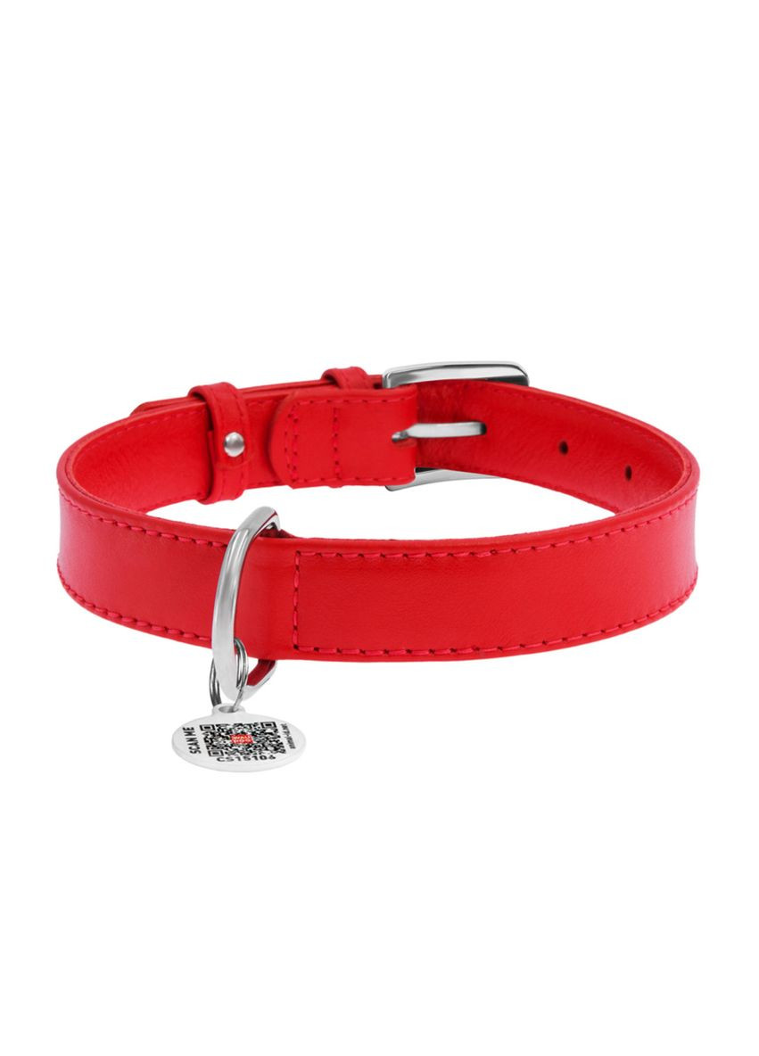 Ошейник для собак кожаный Glamour с QR паспортом, без украшений, M, Ш 20 мм, Дл 30-39 см красный WAUDOG (332880898)