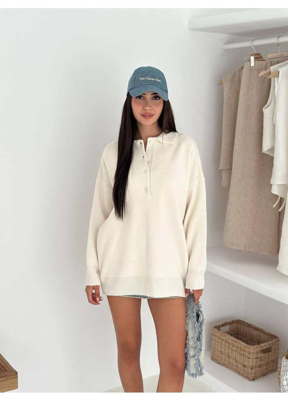 Молочний демісезонний жіночий светр у стилі oversize з коміром-поло Україна