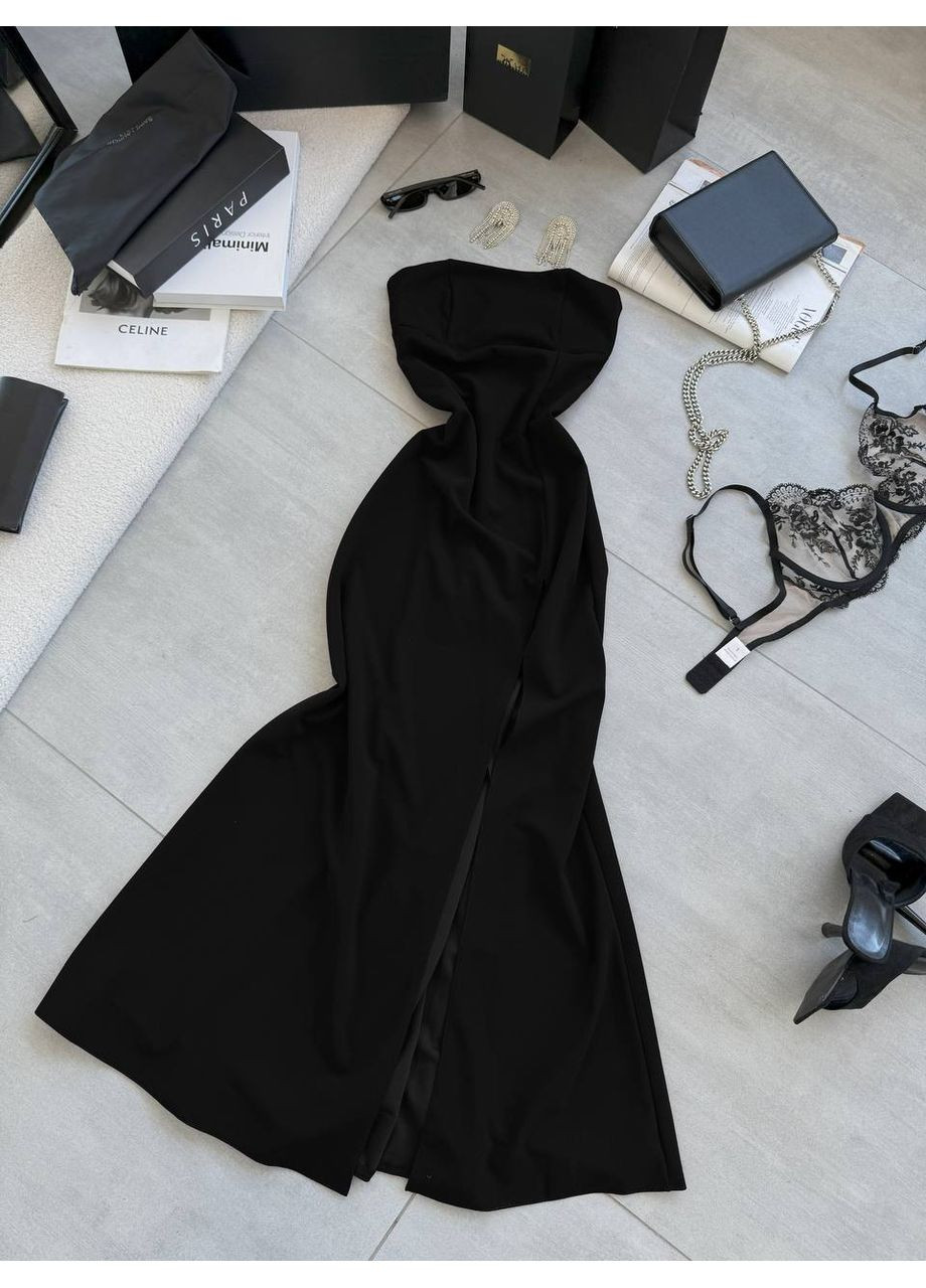 Чорна кежуал жіноча вечірня сукня зі шлейфом та розрізом з відкритими плечима, з відкритою спиною Україна однотонна