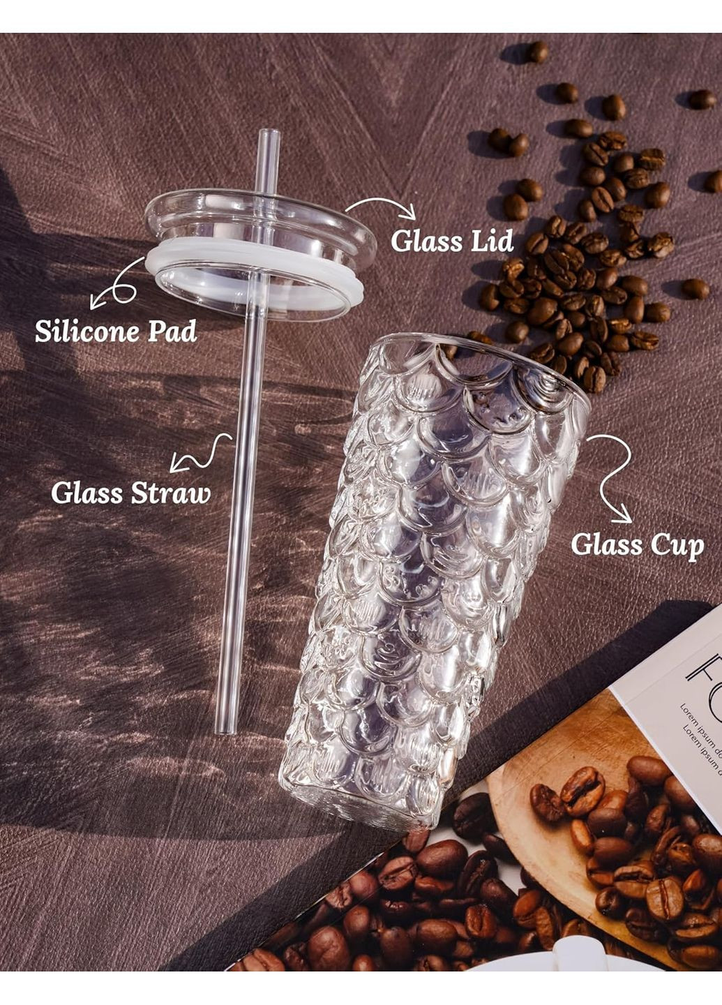 Набір склянок 2×580 мл з кришками і трубочками, боросилікатне скло - Хвіст русалки - для гарячих і холодних напоїв, прозорі More (366088870)