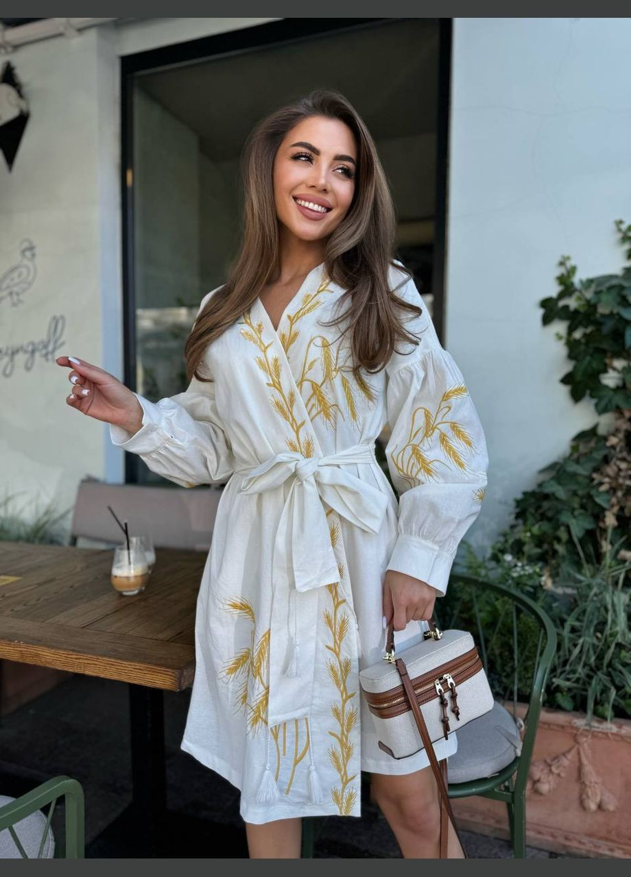 Белое женское платье с вышивкой на запах "колоски" ESQ