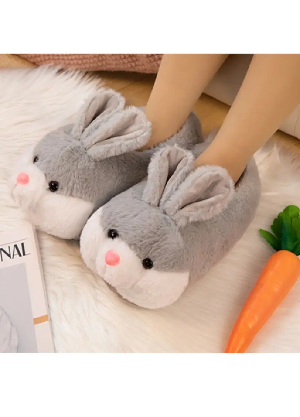 Домашні кімнатні плюшеві капці з вушками об'ємною мордочкою для дітей дівчаток жінок (481343-Prob) Зайчик сірий розмір 31-38 Unbranded (361005047)