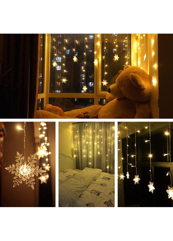 Світлодіодна гірлянда штора 1,8 м, 16 сніжинок, 94 LED, 8 режимів, тепле біле світло, прозорий дріт, живлення від мережі 230В No Brand (369720510)
