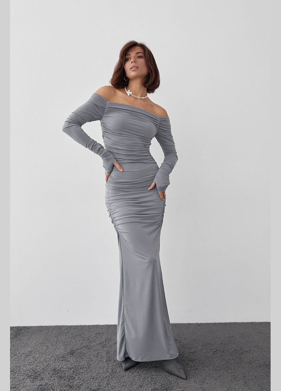 Сіра вечірня довга вечірня сукня з драпіруванням - сірий колір, l (sku_00188) No Brand однотонна