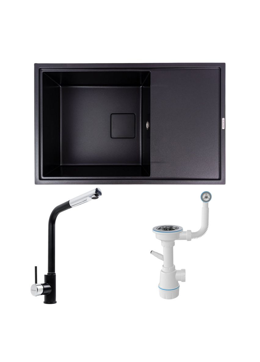 Комплект: Мойка гранитная 7850 GALANS + Смеситель Q411MB + Сифон (Черный) Valeso (353495498)