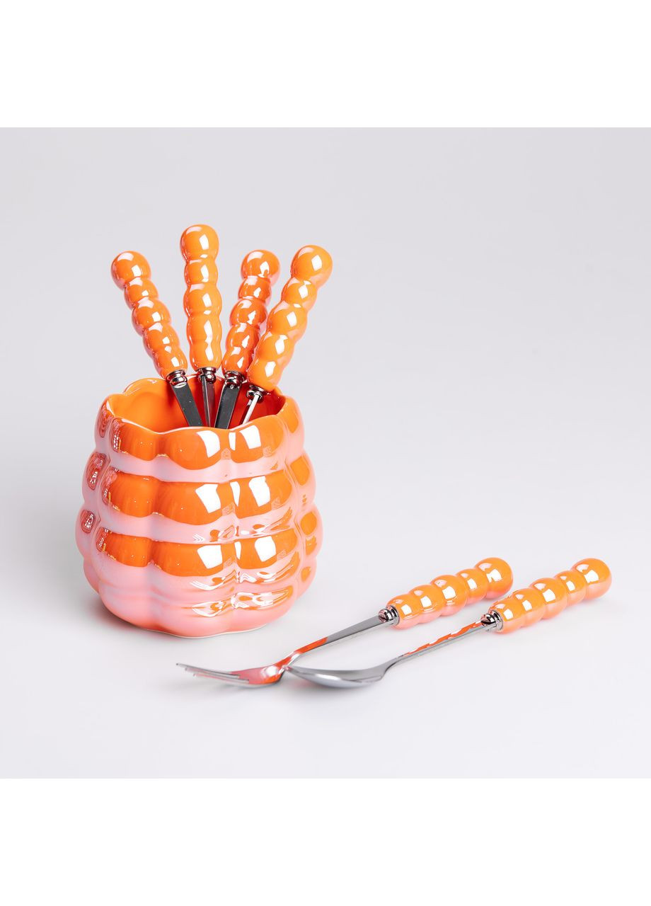 Набор десертных вилок и ложек с керамическими ручками и подставкой для 3 персон, 7 приборов Оранжевый Yiwu (360456774)