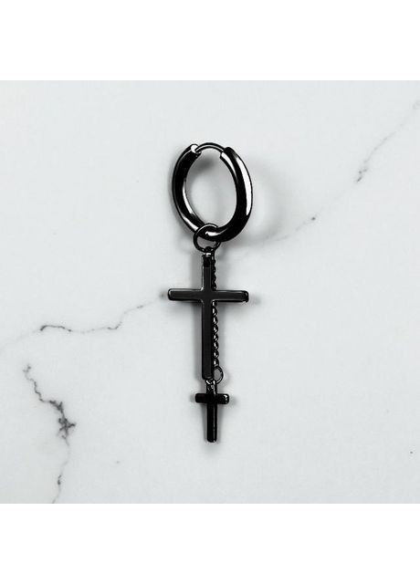 Чоловіча жіноча чорна сережка з підвіскою у вигляді двох хрестиків з нержавіючої сталі в готик панк стилі Liresmina Jewelry (369133943)