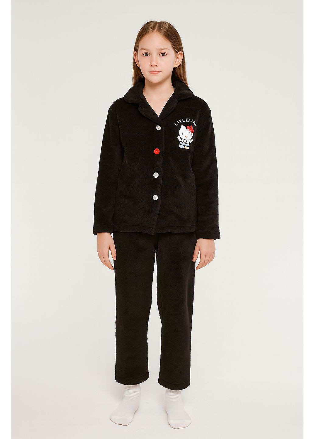 Черная зимняя подростковая тёплая зимняя плюшевая пижама для девочки 152–160 см чёрная (10811) Hello Kitty