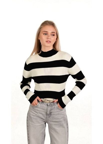 Черный демисезонный женский укороченный свитер, в полоску, шерсть/акрил (арт. 420) No Brand