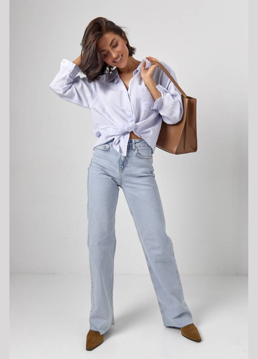 Блакитна жіноча сорочка у смужку з рукавами три чверті Lurex Блузка