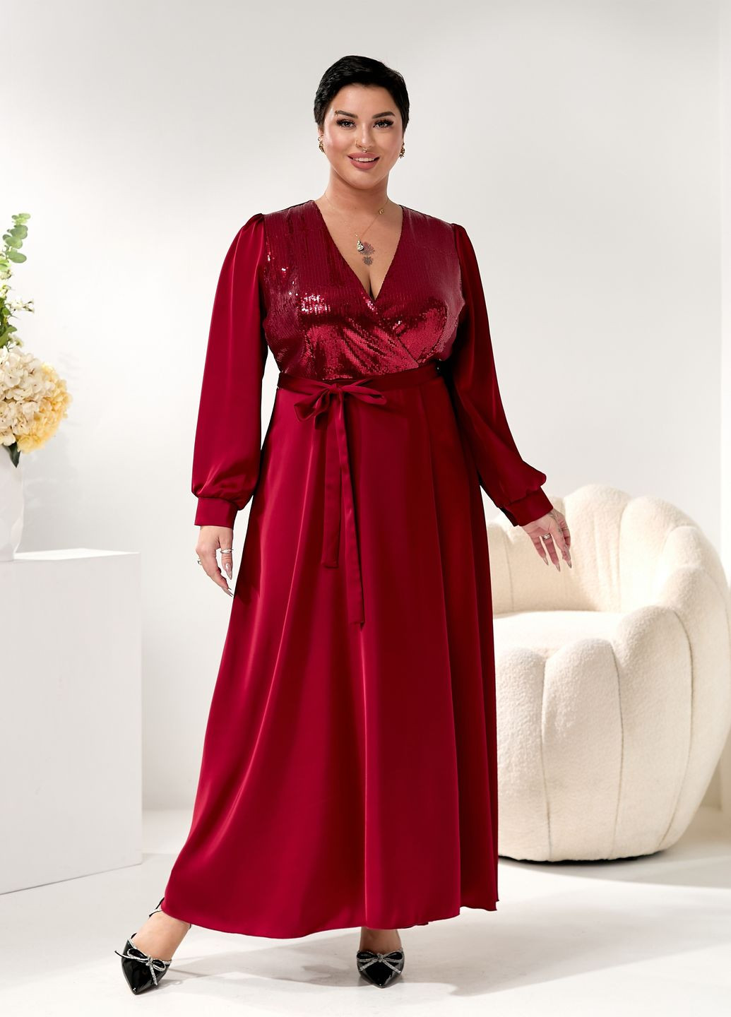 Червона святковий, коктейльна, вечірня вечірня сукня максі на запах з паєтками дзвін, кльош, на запах, в стилі армпір No Brand однотонна