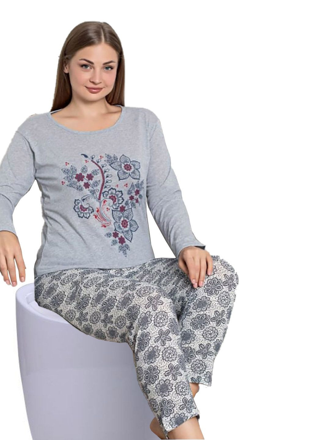 Серая пижама женская хлопок лонгслив + брюки Ruyam