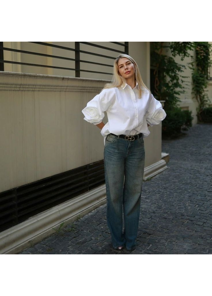 Біла дизайнерська сорочка - блуза "троянда" one size з преміальної італійської бавовни (limited edition) LUCKY REEF