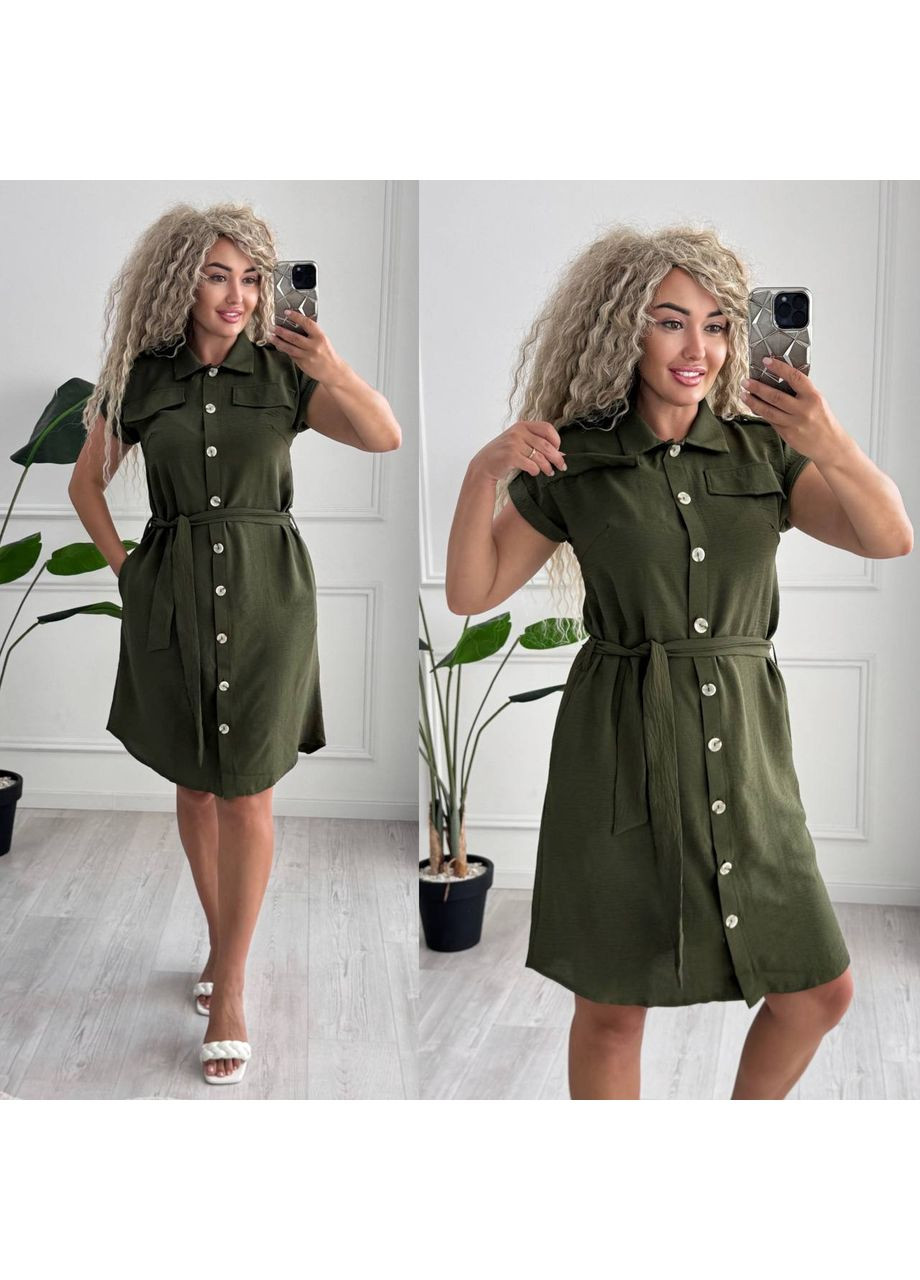 Оливковое (хаки) платье американский креп жатка на пуговицах с карманами и поясом Україна