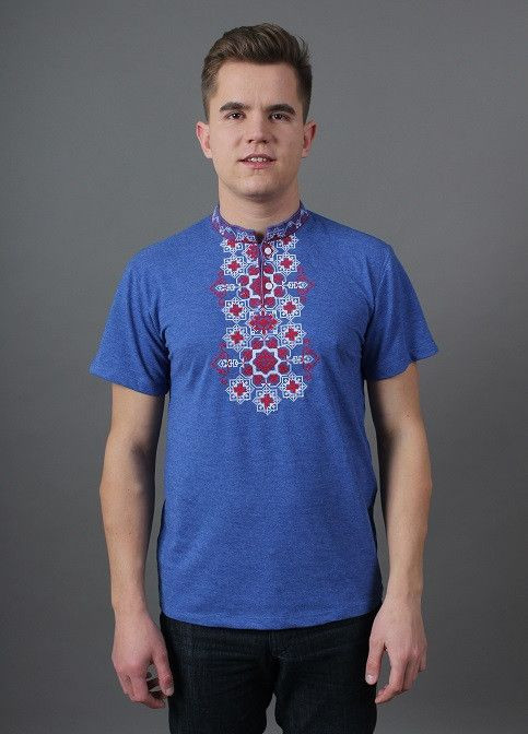 Синя футболка вишиванка чоловіча захар лакоста джинс синій з червовим (302214400)