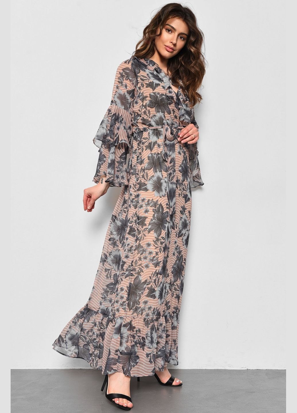 Бежевое кэжуал платье женское шифоновое бежевого цвета с принтом баллон Let's Shop с цветочным принтом