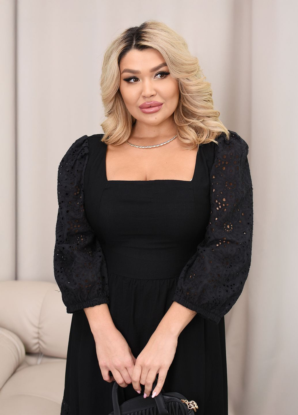 Черное повседневный, кэжуал платье летнее макси с длинными рукавами из льна колокол No Brand однотонное